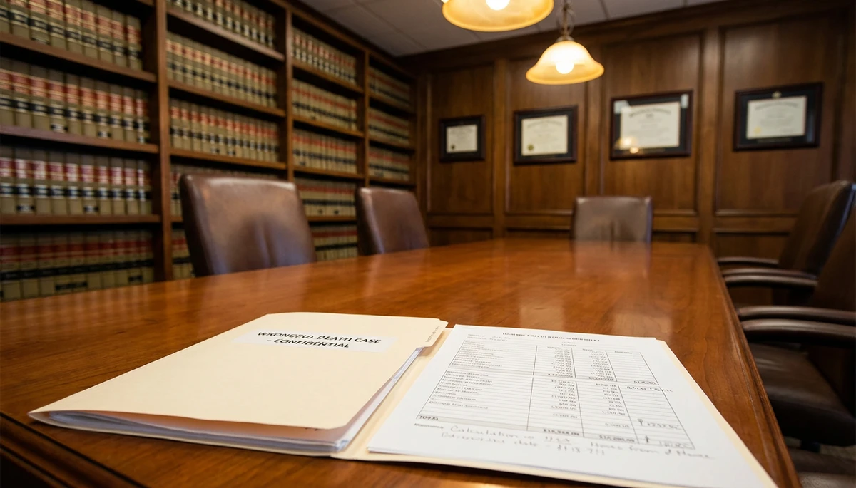 Calculator and legal documents representing wrongful death damage calculations