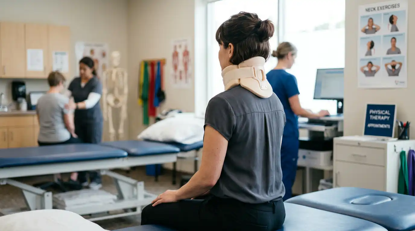 Patient wearing neck brace after rear-end collision injury treatment